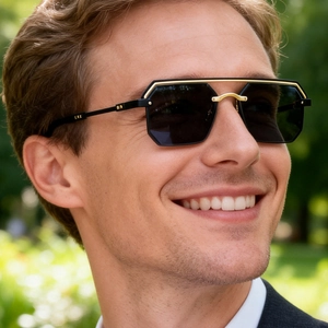 Détail de lunettes de soleil carrées sans monture avec double pont doré et verres noirs