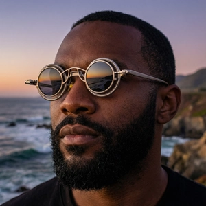 Steampunk round metal sunglasses with silver frames and dark lenses on a male model