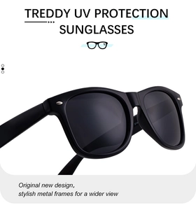 Detail of square polarized sunglasses with black frame showing UV protection features