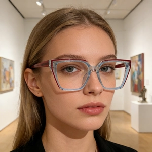 Front view of model wearing two-tone cat-eye blue light glasses in transparent blue and red