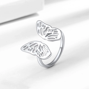 Elegant silver butterfly hollow open ring with delicate 3D metal wings design