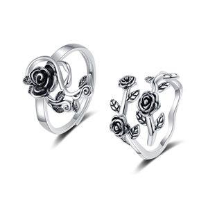 Vintage Rose Floral Branch Leaf Copper Ring For Women Retro Thai Silver Style Open Adjustable Niche Finger Jewelry