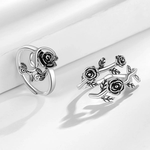 Vintage oxidized silver rose flower ring set with adjustable open band for women