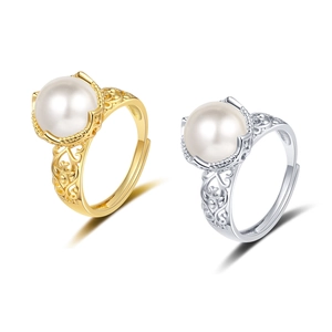 Hollow Carved Imitation Artificial Pearl Ring For Women Retro Elegant Light Luxury Geometric Adjustable Opening Jewelry
