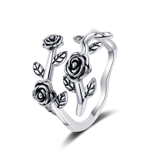 Vintage oxidized silver rose flower ring with entwined leaves and adjustable open band