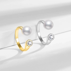 Minimalist adjustable open ring with white pearl and round crystal in gold and silver finish