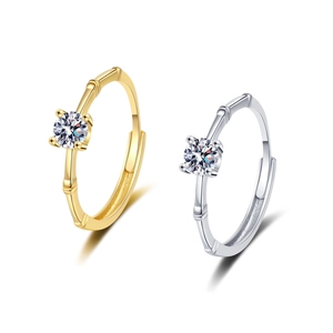Elegant Bamboo Joint Design Copper Ring Round Cut Cubic Zirconia Adjustable Open Size Fashion Jewelry For Women