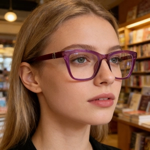 Montatura occhiali quadrata viola trasparente con dettagli in metallo dorato su modella