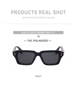 Front view of black and gold square sunglasses with TAC polarized gray lenses