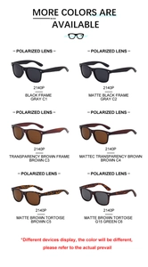 Six colors of square polarized sunglasses shown in a grid with model 2140P specs