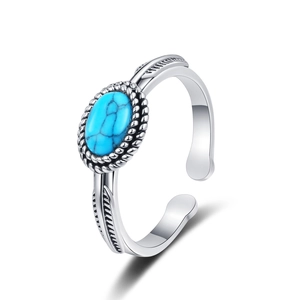 Ethnic style open ring with oval blue turquoise and feather engraved silver band