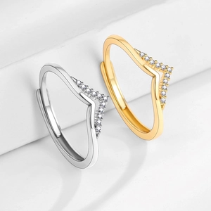 Adjustable V-shaped zircon stackable ring set in gold and silver plated metal
