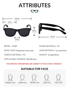 Detailed size specifications and measurements chart for square polarized sunglasses