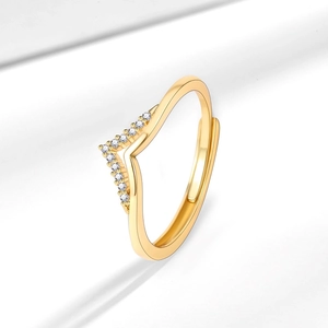 Elegant gold-plated V-shaped open ring featuring micro-pave white zircon stones