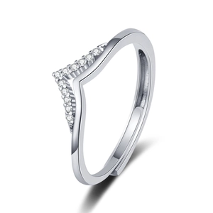 Minimalist silver V-shaped zircon pave ring with adjustable polished open band design