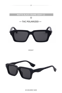 Detail view of matte black square polarized sunglasses with grey lenses and TAC technology