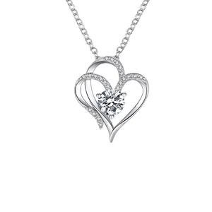 Double Heart Pendant Necklace Copper Interlocking Sparkling Rhinestone Zircon Wedding Valentine Gift For Women