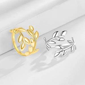 Minimalist 18K gold and silver plated brass leaf open rings for women in a pair