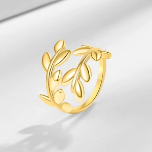 Polished 18K gold-plated double-layer olive leaf open ring with adjustable minimalist design