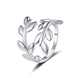 Minimalist silver leafy ring with olive branch design and adjustable open wrap structure