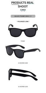 Detailed macro view showing black polarized lenses and square frame from three distinct angles