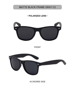 Front and 45-degree side view of matte black polarized square frame sunglasses with silver rivets