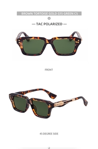 Detail of tortoise square polarized sunglasses showing front and 45-degree side views