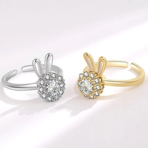 Cute Rabbit Ear Adjustable Open Ring Copper Cubic Zirconia Rhinestone Sparkly Animal Jewelry For Women Fashion Gift