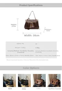 Guide des tailles du sac cabas rétro en PU avec dimensions 30x21x12cm et poids 0,58kg