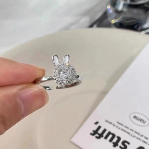 Cute adjustable rabbit ring in silver finish with pavé zircon stones for women