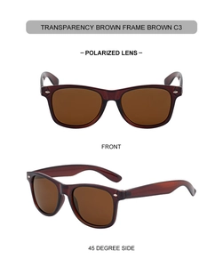 Detail view of square polarized sunglasses with transparent brown frame and metal rivets