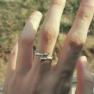 Artistic silver branch-shaped adjustable ring with natural wood texture for women