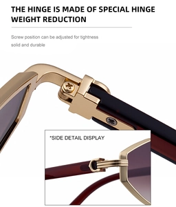 Detail of durable golden metal hinge and adjustable screw on polygon sunglasses