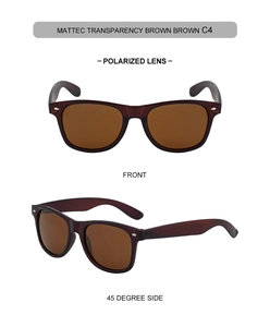 Front and 45-degree side view of matte translucent tea square polarized sunglasses