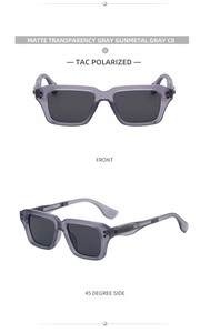 Detail view of square matte gray polarized sunglasses with gunmetal metal components