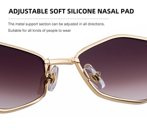 Detail of adjustable soft silicone nose pads on gold polygon metal sunglasses