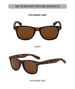 Front and 45-degree side view of matte brown tortoise polarized square sunglasses