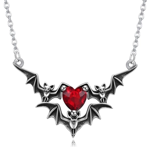 Gothic punk necklace with dark red heart pendant and vintage silver bat wings decor