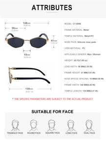 Detailed technical dimensions and size specifications for pentagon frame sunglasses