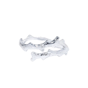 Silver branch open ring with realistic wood texture and twig-inspired nature design