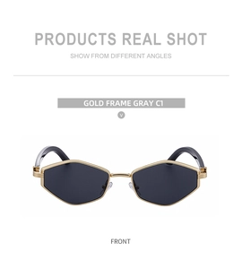 Detailed front view of gold polygon metal frame sunglasses with dark gray lenses