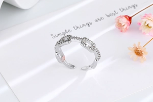 Detailed view of adjustable chain ring with micro-paved zircons in silver finish