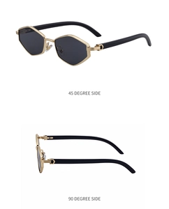Detail view showing 45 and 90 degree angles of gold metal frame polygon sunglasses