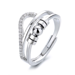 Silver rotating anxiety ring with cubic zirconia and adjustable cross band design