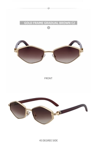 Detailed views of polygon metal sunglasses with gold frames and gradient brown lenses