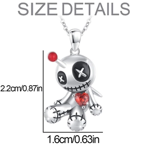 Size details of gothic voodoo doll pendant with red heart gem and silver texture