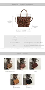 Guide des tailles détaillé pour le mini sac cabas en daim léopard avec poids et dimensions