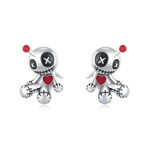 Gothic voodoo doll silver stud earrings with red heart and stitched details