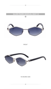 Modern polygon sunglasses with silver metal frames and gray gradient lenses in dual views
