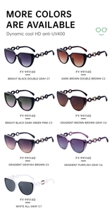 Detailed view of cat-eye polarized sunglasses in seven colors with chain temple design